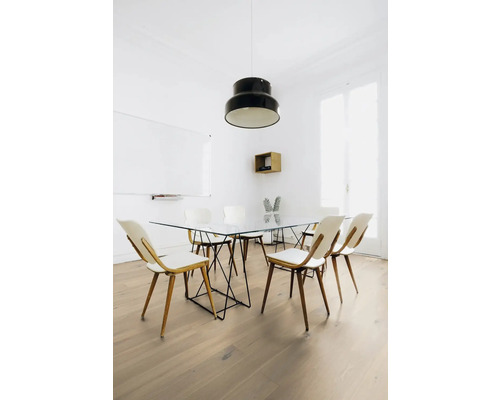 Pièce lumineuse avec table de salle à manger avec plateau en verre et chaises en bois