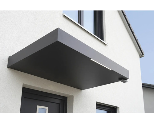 Gutta Vordach BS Plus 160 RAL 7016 anthrazit 160x90 cm inkl. Wasserspeier rechts Graue Haustürüberdachung mit Beleuchtung an einer Hauswand