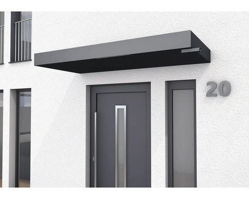 Gutta Vordach BS Plus 200 RAL 7016 anthrazit 200x90 cm inkl. Wasserspeier rechts Graue Haustür mit Vordach an einem weissen Haus