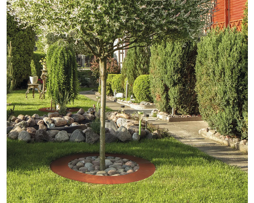 Gartenanlage mit Baum, Steinen und Pflanzen