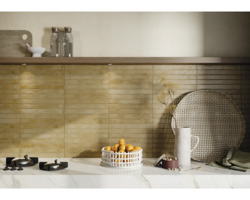 Scène de cuisine avec carrelage, plaque de cuisson et éléments décoratifs