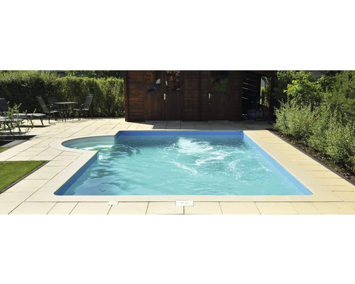 Piscine dans jardin avec terrasse pavée et cabanon de jardin