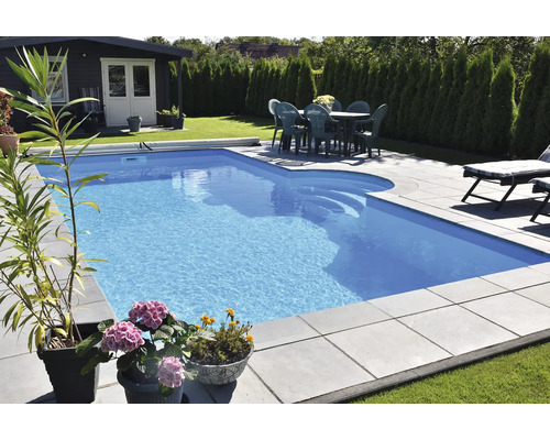 Piscine dans le jardin avec abri de jardin, pelouse, plantes et meubles de jardin.