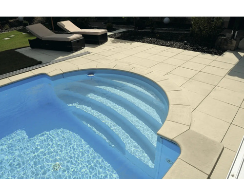 Piscine avec escalier et terrasse en pierre dans le jardin