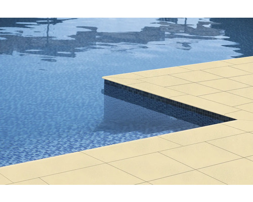 Vue détaillée d''une piscine avec des carreaux clairs sur le bord et des carreaux de mosaïque dans le bassin.