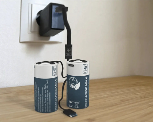 Deux piles rechargeables avec chargeur dans la prise.