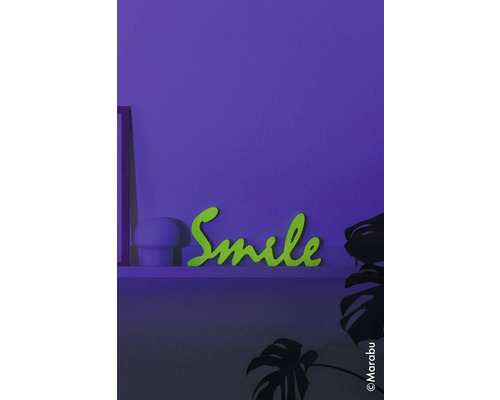 Inscription décorative avec le mot Smile sur une étagère