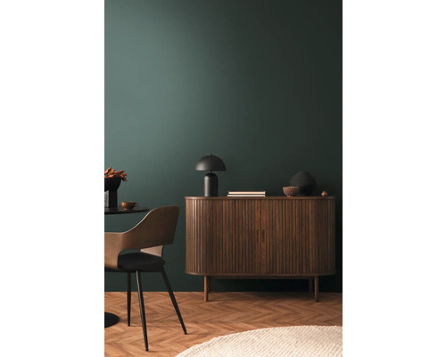 Salon avec commode en bois, lampe de table, chaise et tapis sur parquet devant un mur vert