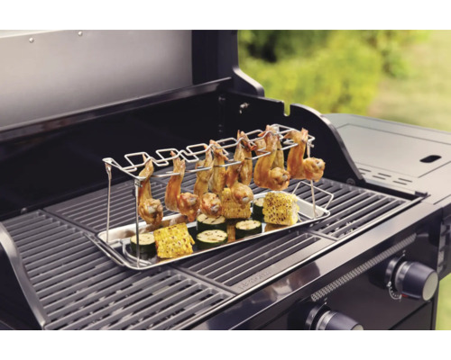 Grill avec ailes de poulet et légumes dans le support
