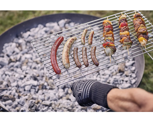 Aliments sur une grille de barbecue au-dessus du charbon de bois, y compris des saucisses et des brochettes de chachlik.