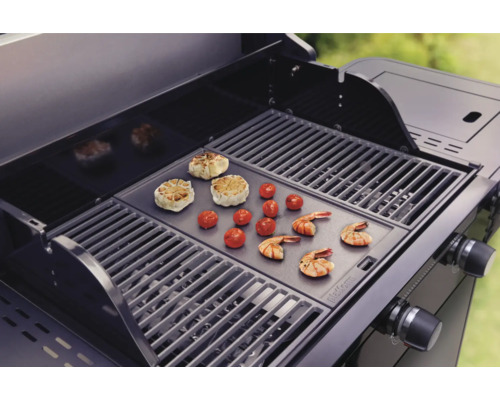 Grill mit Grillgut wie Knoblauch, Tomaten und Crevetten.