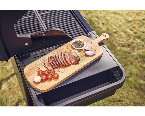 Barbecue avec planche à découper en bois, viande grillée, tomates, ail, oignons et épices