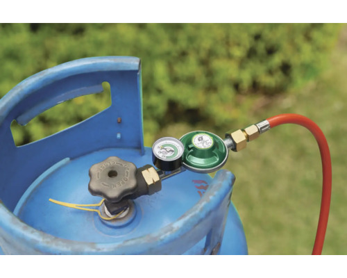 Gasflasche mit Druckminderer und Gasschlauch