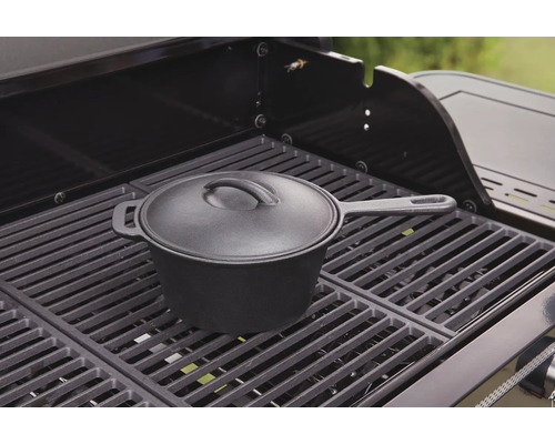 Gusseisen Topf mit Deckel auf einem Grillrost