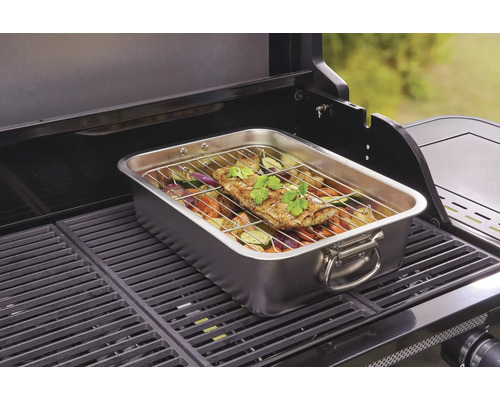 Edelstahlbräter mit Fisch und Gemüse auf einem Grill