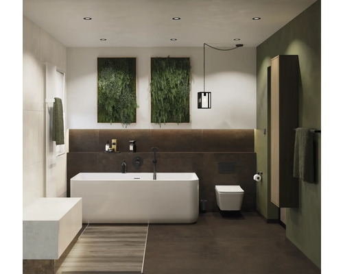 Salle de bains avec baignoire, toilettes, lavabo et décoration murale avec des plantes