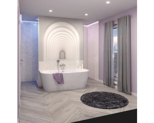 Salle de bain avec baignoire îlot, fenêtre et tapis