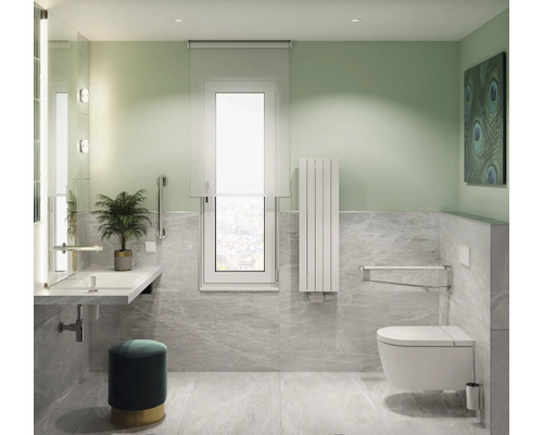 Salle de bains accessible avec lavabo, toilettes avec barres d''appui et radiateur