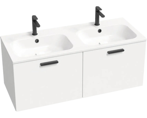 Waschtischunterschrank mit zwei Waschbecken und zwei Armaturen