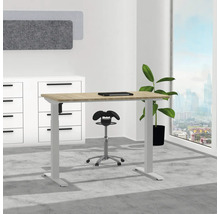 Höhenverstellbarer Schreibtisch mit Bürostuhl in einem hellen Raum.