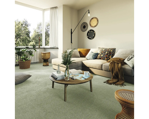 Salon avec moquette, canapé et éléments décoratifs