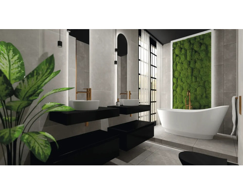 Helles Badezimmer mit Doppelwaschbecken, freistehender Badewanne und Mooswand