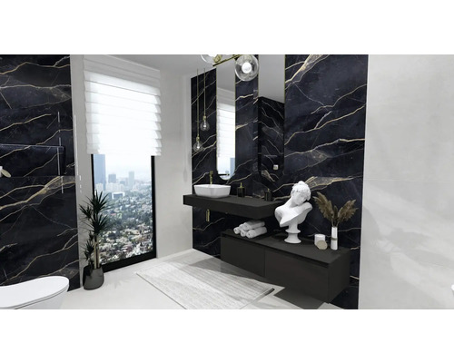 Badezimmer mit schwarzem Marmor, Waschtisch mit Aufsatzwaschbecken, Spiegel und Fenster