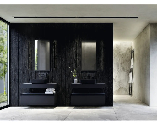 Salle de bains avec deux lavabos, miroirs et mur en bois