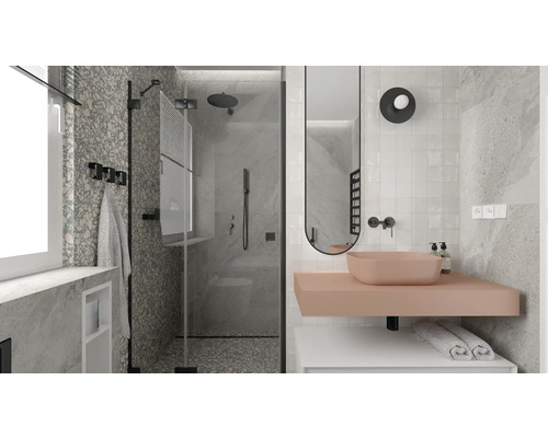 Badezimmer mit Dusche, Waschbecken und Spiegel