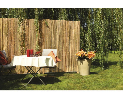 Sichtschutzzaun aus Bambus mit Gartentisch und Stühlen auf einer Rasenfläche