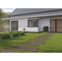 Maison individuelle avec terrasse en bois, pelouse et allée de pas japonais