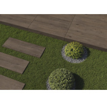 Aménagement de jardin avec gazon, arbustes et dalles en bois