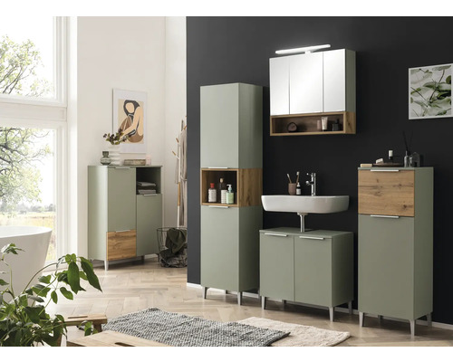 Modernes Badezimmerensemble mit Waschbecken, Spiegelschrank und Badezimmerschränken in hellem Design