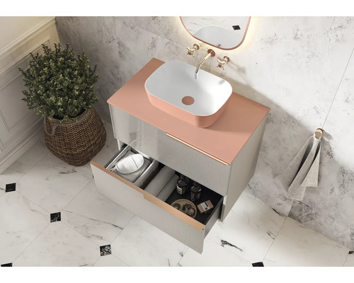 Modernes Badezimmer mit Waschtisch, Aufsatzwaschbecken und offenem Schubladensystem