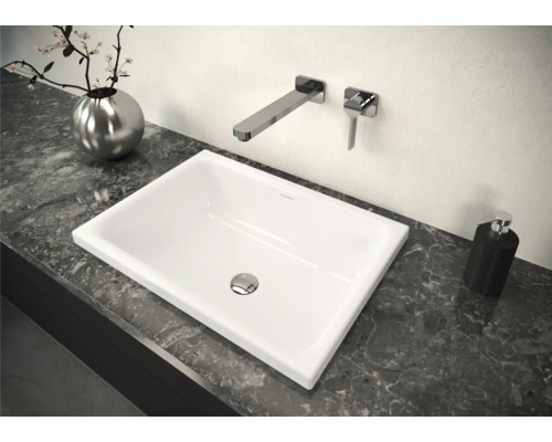 Vasque à poser dans une salle de bains sur un plan de travail avec robinetterie et décoration