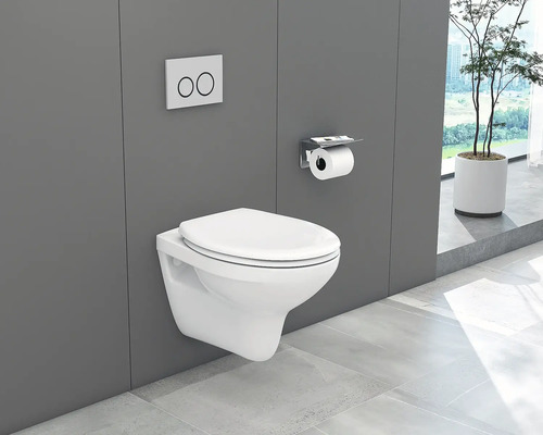 Hänge-WC mit Betätigungsplatte und Toilettenpapierhalter im modernen Badezimmer