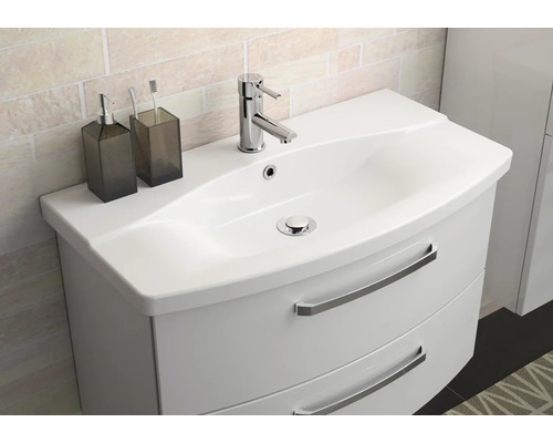 Meuble-lavabo avec deux tiroirs, lavabo, robinetterie, distributeur de savon et gobelet à brosses à dents