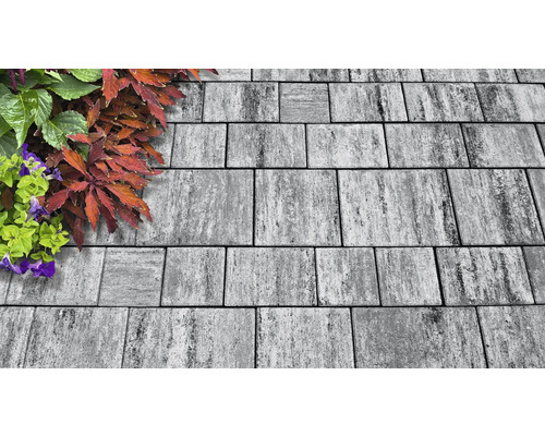 Graue Pflastersteine mit Pflanzen