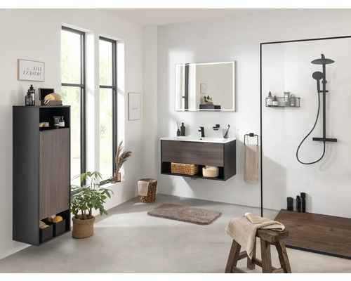 Salle de bains moderne avec meuble sous-vasque, armoire de toilette, armoire haute et douche
