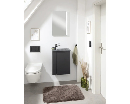 Salle de bains moderne avec WC suspendu, meuble sous-lavabo, miroir et tapis