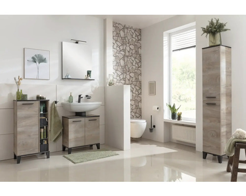 Salle de bains avec lavabo, armoire de toilette, armoire haute et toilettes au design moderne