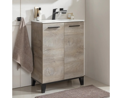 Waschtisch mit Holzoptik und zwei Türen im Badezimmer.