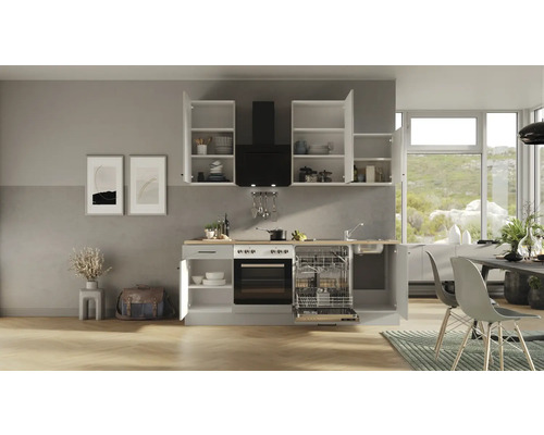 Cuisine claire avec appareils intégrés et placards ouverts dans une pièce meublée moderne