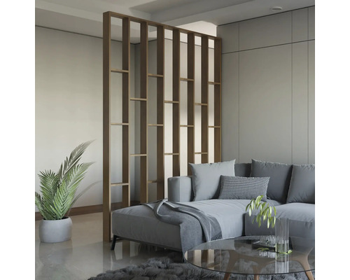 Salon avec canapé, table basse, plante d''intérieur et séparateur de pièce en bois