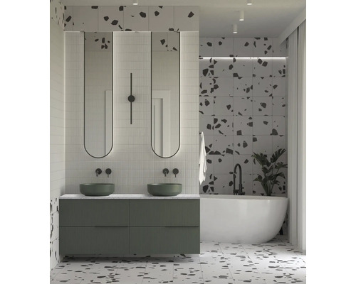 Helles Badezimmer mit Doppelwaschtisch, Spiegeln, Badewanne und Fliesen im Terrazzo-Stil