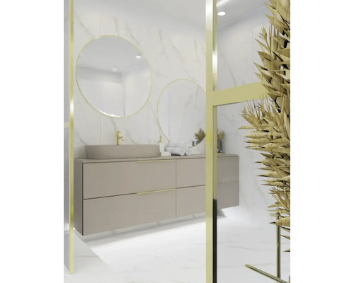 Helles Badezimmer mit Waschbeckenunterschrank, runden Spiegeln und Pflanzen