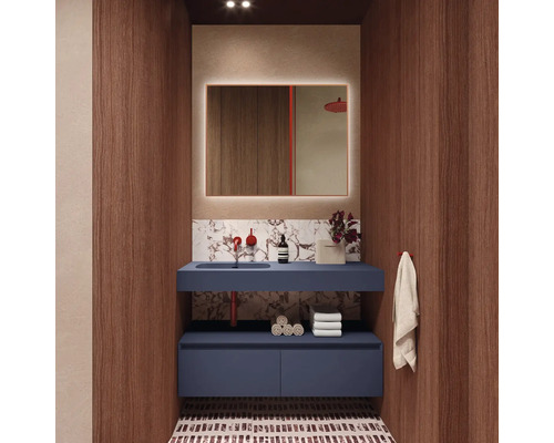 Salle de bain moderne avec meuble-lavabo bleu, miroir éclairé et panneaux de bois