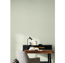 Arbeitszimmer mit Schreibtisch, Lampe und Stuhl vor hellgrüner Wand