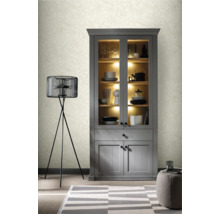 Wohnszene mit grauem Vitrinenschrank, Stehlampe und Teppich