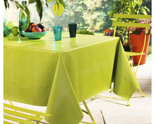 Table de jardin avec toile cirée verte, verres et coupe de fruits